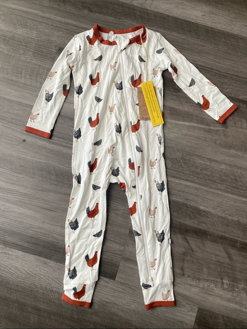 KYKE BRAND. Kids White Hen-Print One-Piece Pajamas with Rust Trim